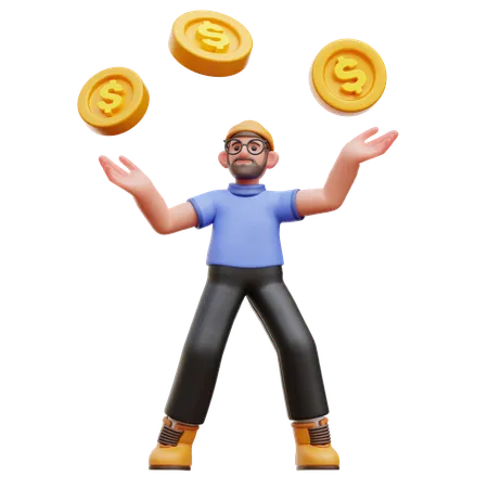 Coins Fall On Man  3D Illustration