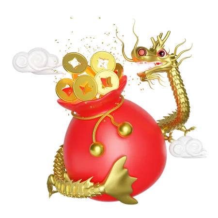 Chinese Gold Coins In Bag With Dragon Cloud Chinese New Year 2024 Capricorn 3 D Render Illustration 3D Icon