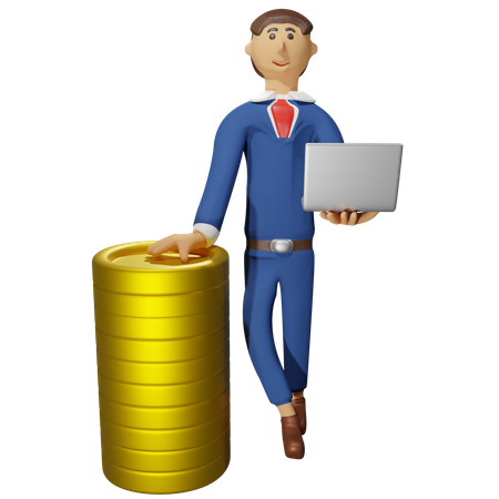 Coins with businessman holding a laptop  3D Illustration