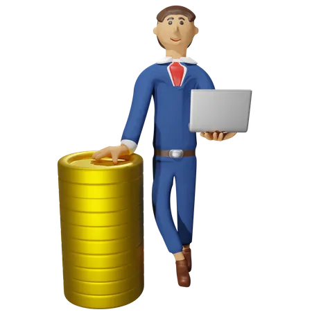 Coins with businessman holding a laptop  3D Illustration