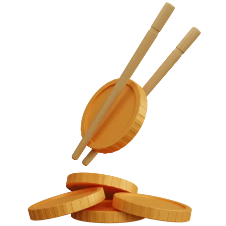 3 D Rendering Chopsticks And Some Coins Isolated 3D Icon