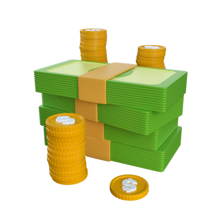 Coins with Four Dollar Bundles  3D Icon