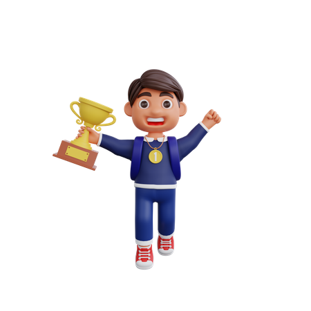 Niño de escuela con trofeo  3D Illustration