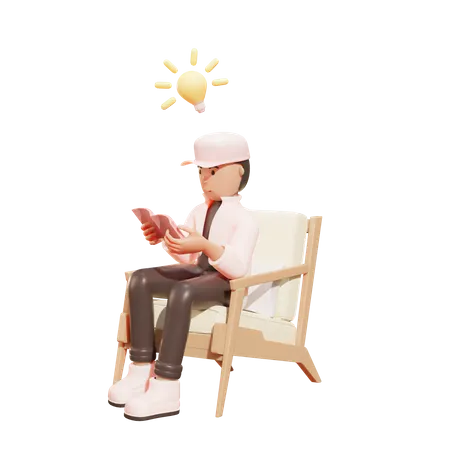 Niño de escuela leyendo un libro mientras está sentado en un sillón  3D Illustration