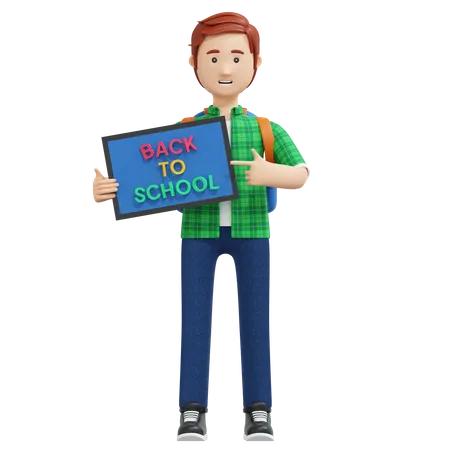College boy holding back to school board  3D Illustration