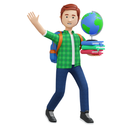 College boy holding book and globe  3D Icon