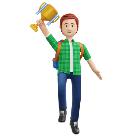 College boy holding gold trophy  3D Illustration