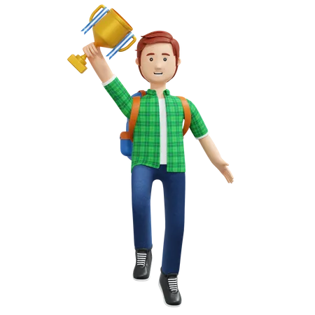 College boy holding gold trophy  3D Illustration