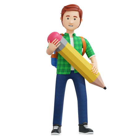 College boy holding pencil  3D Illustration
