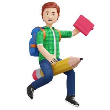 College Boy Riding Pencil And Holding Book 3 D Cartoon Illustration 3D Illustration