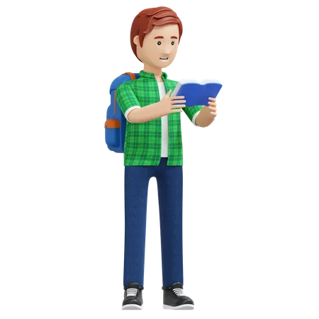 College Boy Reading Book While Standing 3 D Cartoon Illustration 3D Illustration