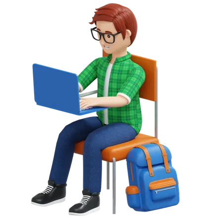 College boy studying on laptop  3D Illustration