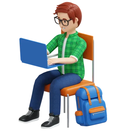 College Boy Studying With Laptop While Sitting 3 D Cartoon Illustration 3D Illustration