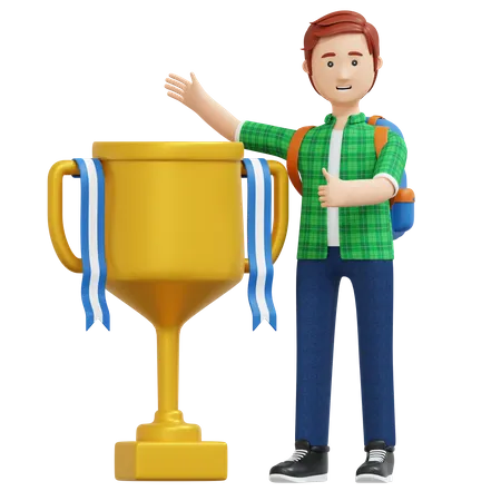 College Boy Standing Beside Gold Trophy 3 D Cartoon Illustration 3D Illustration