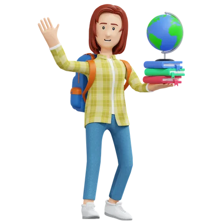 College Girl Holding Book And Globe 3 D Cartoon Illustration 3D Illustration