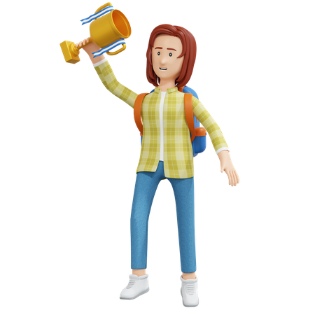 College girl holding gold trophy  3D Illustration