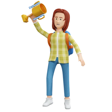 College girl holding gold trophy  3D Illustration