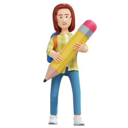 College girl holding pencil  3D Illustration