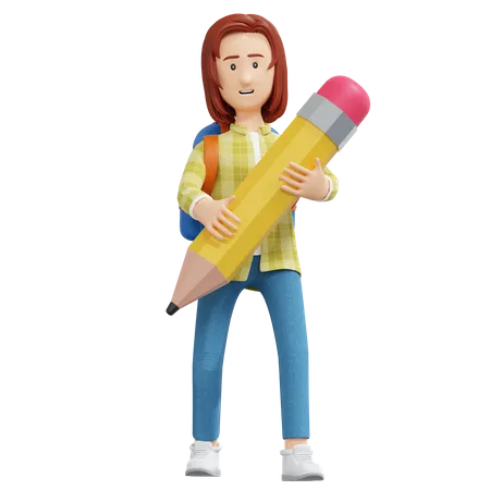 College girl holding pencil  3D Illustration