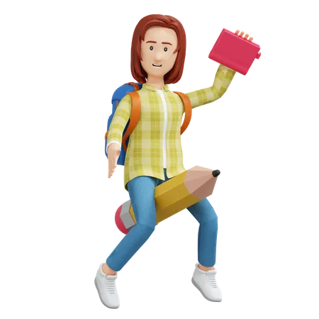 College Girl Riding Pencil And Holding Book 3 D Cartoon Illustration 3D Illustration