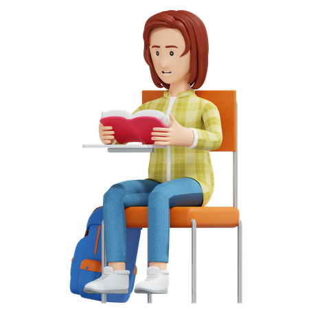 College girl reading book  3D Illustration