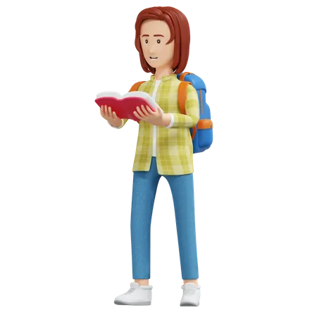 College Girl Reading Book While Standing 3 D Cartoon Illustration 3D Illustration