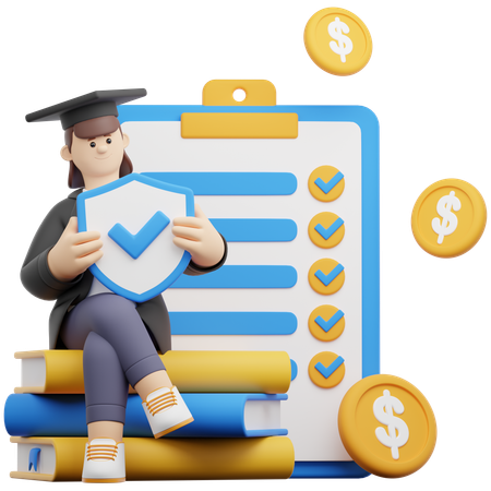 College Girl Sits while Holding a Shield Insurance  3D Illustration