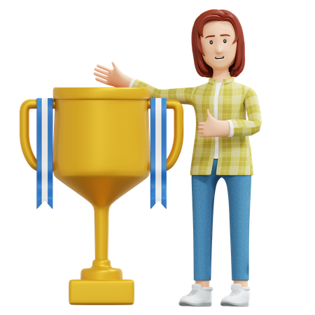 College girl standing beside gold trophy  3D Illustration