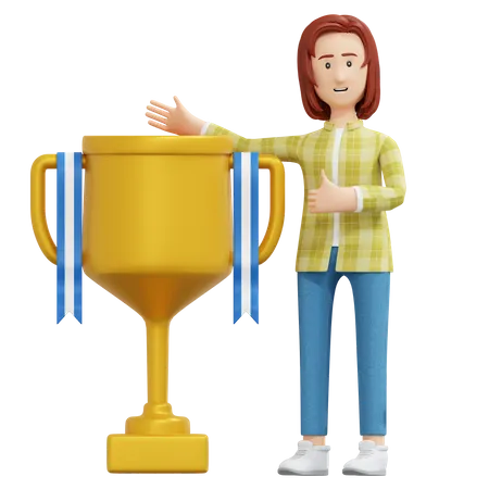 College girl standing beside gold trophy  3D Illustration