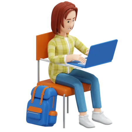 College Girl Studying With Laptop While Sitting 3 D Cartoon Illustration 3D Illustration