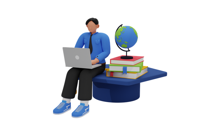 College student boy studying on laptop  3D Illustration