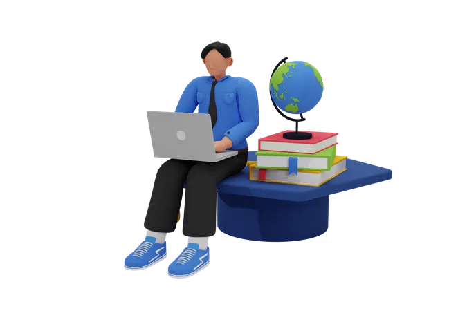 College student boy studying on laptop  3D Illustration