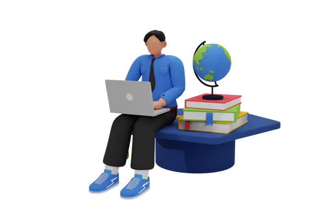 College student boy studying on laptop 3D Illustration