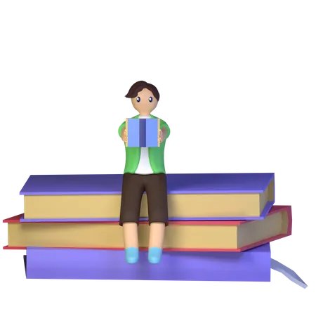 3 D Rendering College Student Sit In The Book And Reading Illustration Concept 3D Illustration