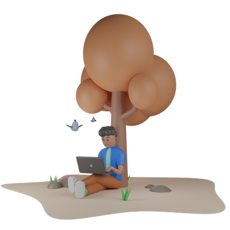 College Student Sitting Under Tree  3D Illustration