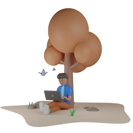 College Student Sitting Under Tree 3D Illustration