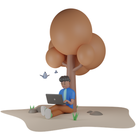 College Student Sitzen Unter Baum  3D Illustration