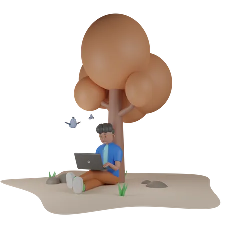 College Student Sitzen Unter Baum  3D Illustration