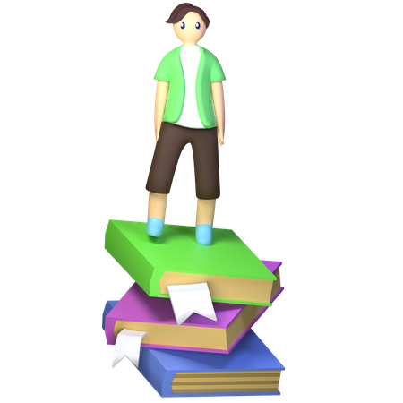 College student stand in floating stack book  3D Illustration