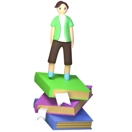College student stand in floating stack book  3D Illustration