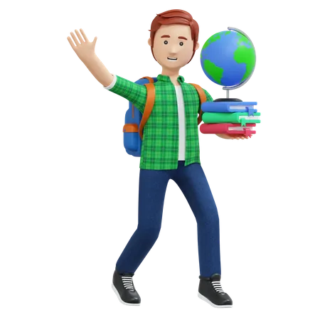 Collège, garçon, tenue, livre, et, globe  3D Illustration