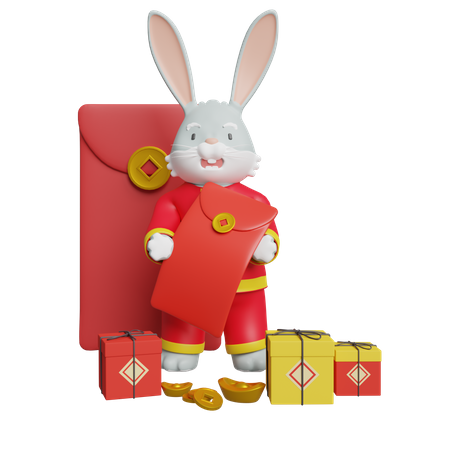 Comemoração do coelho chinês ano novo com coelho e caixa de presente  3D Illustration