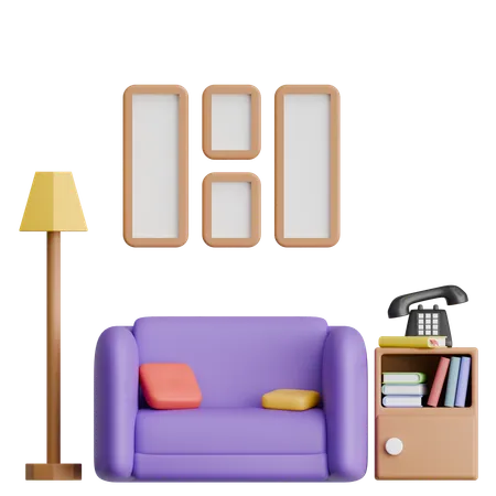 Comfort Chair With Side Floor Lamp And Bookshelf Interior  3D Icon