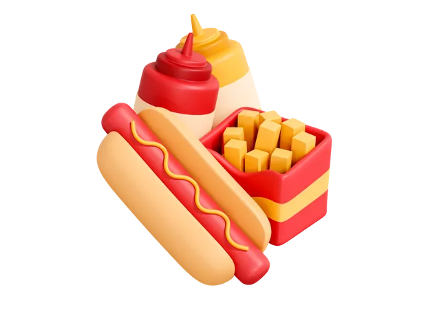 Hot Dog 3 D Con Patatas Fritas Y Salsas En Botellas 3D Icon