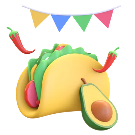 Ilustracao 3 D De Comida Mexicana De Taco E Abacate 3D Illustration