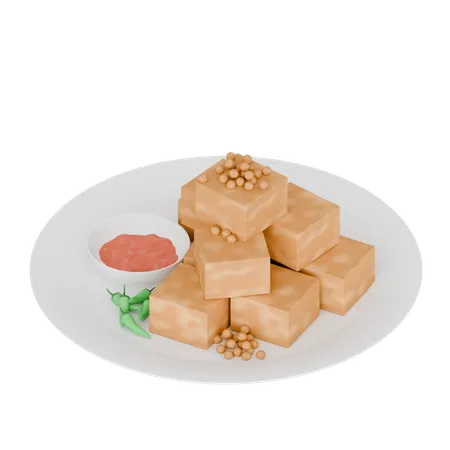 Comida indonesia: tofu frito con pimienta de cayena y salsa  3D Icon