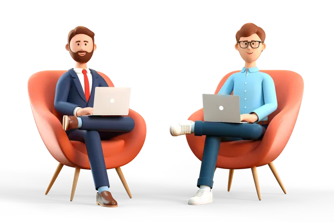 Ilustracion 3 D Del Concepto De Inicio Y Trabajo En Equipo Empresarial Dos Hombres Con Portatiles Sentados En Sillones Empresarios De Dibujos Animados Que Trabajan En La Oficina Y Usan Redes Sociales 3D Illustration