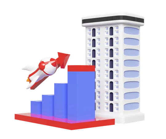 3 D Charts Graph With Rocket Arrow Condominium Building Analysis Business Financial Data Business Strategy Concept 3 D Render Illustration 3D Icon