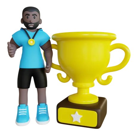Competition winner athlete with trophy  3D Illustration