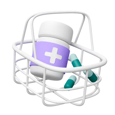 Frasco De Medicina 3 D Cesta De La Compra Con Pastillas En Capsulas Aisladas Concepto De Compra De Productos Farmaceuticos 3D Icon